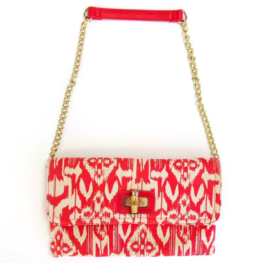 Chicos Chic Canvas Fabric Coral & Cream Print Shoulder Purse/Clutch Bag  NWOT
